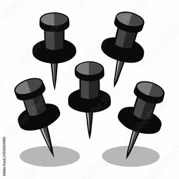 Obraz 3D Black Push Pin Icon Set Featuring Different Angles, Office Tools, Map Pins, Location Markers, Stationery, and Modern Vector Illustration Collection