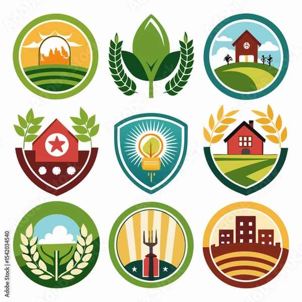 Obraz Agriculture Logo Collection Featuring Farm, Crops, Plants, Tractor, Nature Elements, Eco-Friendly Design, Organic Farming, Green Fields, and Creative Vector Emblems Set