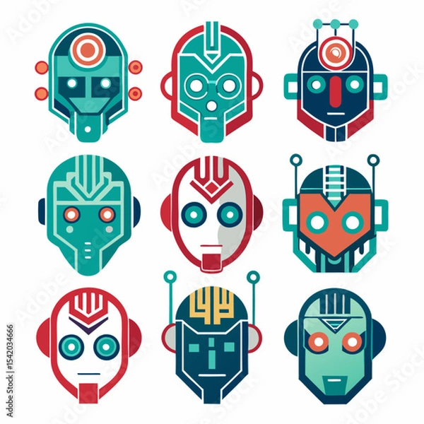 Obraz AI Robot Head Logo Collection Featuring Digital Circuits, Futuristic Design, Artificial Intelligence, Robotics, Tech Innovation, Smart Machine, and Modern Vector Icons Set