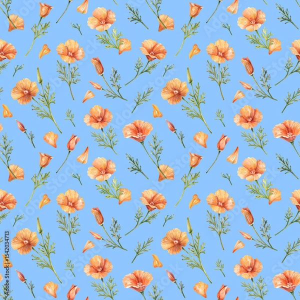 Fototapeta Seamless Watercolor Pattern with California Poppies on Blue Background