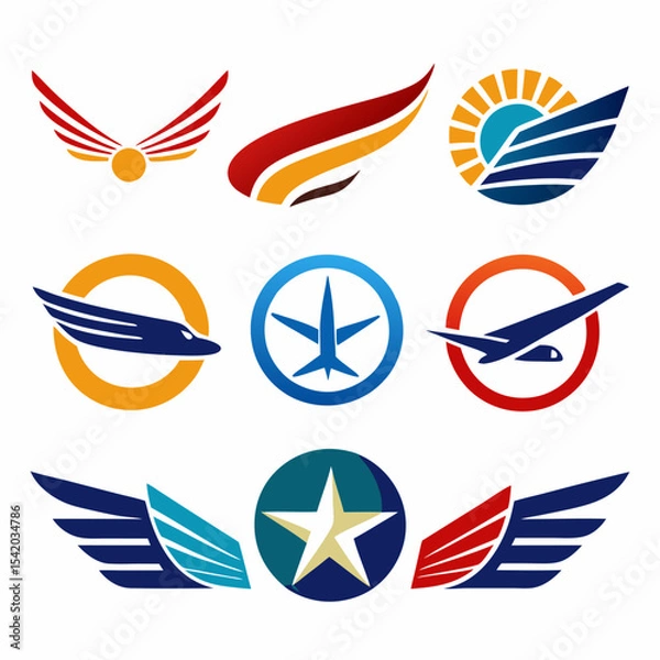 Obraz Airline Logo Collection Featuring Airplanes, Flight Icons, Wings, Travel, Aviation, Globe, Sky, Airline Branding, and Modern Vector Emblem Set