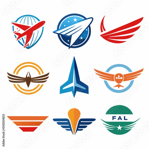 Obraz Airline Logo Collection Featuring Airplanes, Flight Icons, Wings, Travel, Aviation, Globe, Sky, Airline Branding, and Modern Vector Emblem Set