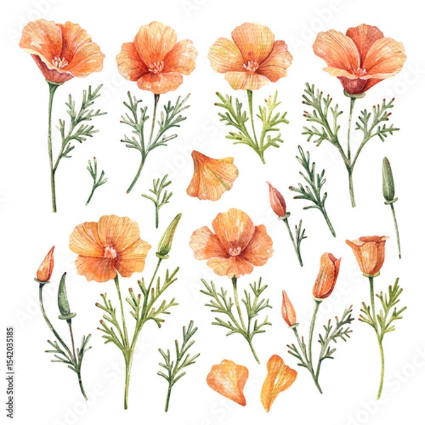 Fototapeta Watercolor Eschscholzia Flower Elements Set – Flowers, Petals, and Leaves on White