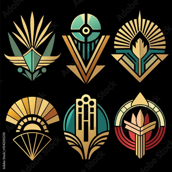 Obraz Art Deco Inspired Logo Collection Featuring Geometric Shapes, Elegant Patterns, Vintage Style, Luxury Design, Decorative Elements, Golden Lines, and Retro Vector Icons Set