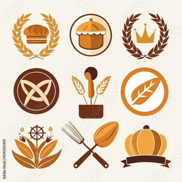 Obraz Artisan Bakery Logo Collection Featuring Bread, Whisk, Rolling Pin, Pastry Icons, Fresh Baked Goods, Rustic Style, Culinary Design, Cafe Branding, and Bakery Vector Illustration Set