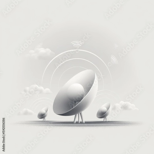 Fototapeta Satellite communication systems in modern technology digital art minimalist style simple shapes white background