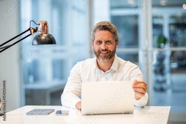 Obraz Businessman success. Freelancer man work online. Freelance working online. Man using laptop in office. Business freelancing. Man office manager. Businessman has online business. Office environment