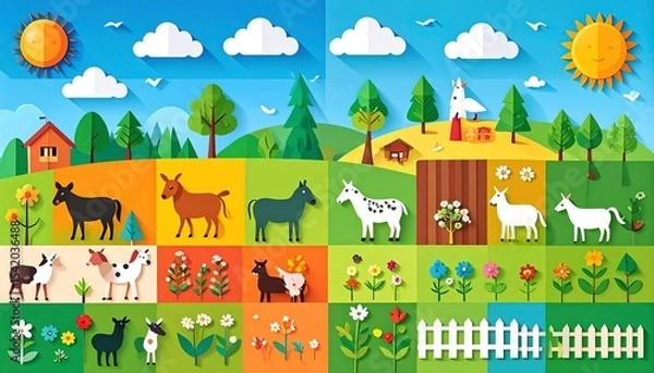 Fototapeta Farm pets and forest animals with cute birds in paper cut style, set against vibrant mosaic garden backgrounds.