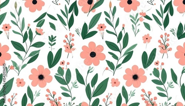 Fototapeta Elegant seamless floral pattern blossoms and leafy curves form a smooth floral background repeat.