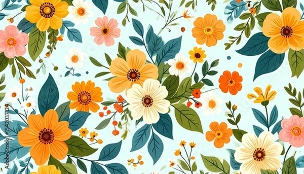 Fototapeta Detailed botanical seamless floral pattern with layered flowers and foliage for decorative use.
