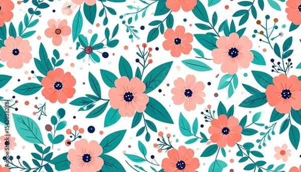 Fototapeta Botanical wallpaper with flowing flower and leaf motifs in seamless repeat.