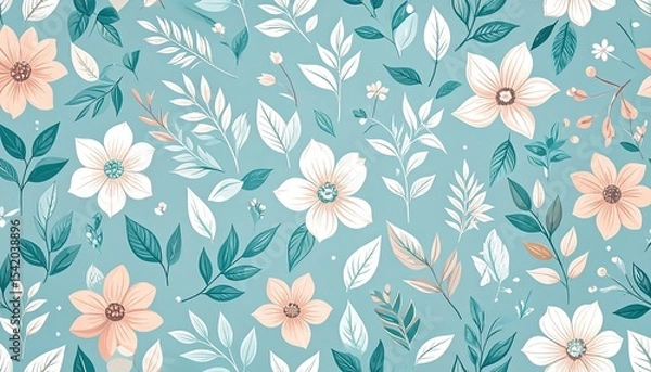 Fototapeta Elegant seamless floral pattern with soft petals and leafy vines, perfect for wallpapers.