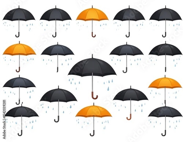 Fototapeta Umbrella floating above puddles, rain falling gently in the background.