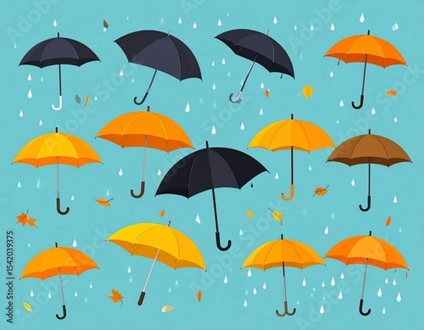 Fototapeta Minimal umbrella design with scattered raindrops in the background, perfect for rainy season graphics.