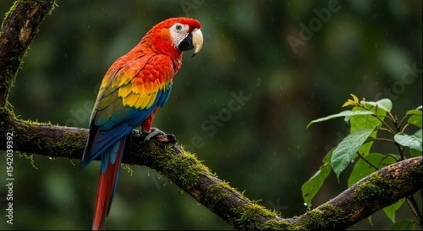 Fototapeta Colorful scarlet macaw perched on mossy tree branch in tropical rainforest, vibrant vivid plumage of exotic bird in natural habitat, wildlife and biodiversity conservation concept
