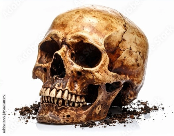 Obraz 古くて汚れた頭蓋骨（Skull on white background）

