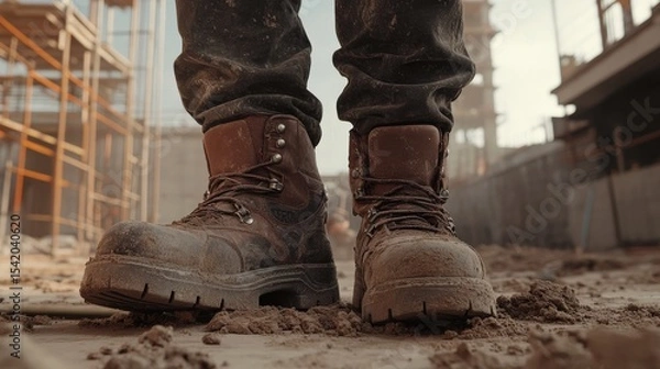 Fototapeta Durable work boots covered in dirt showcase rugged construction site environment, highlighting a hardworking attitude and commitment to safety in tough working conditions.