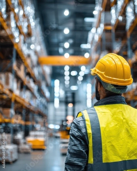 Obraz Industrial Warehouse Worker Inspects Inventory with Safety Gear in a Modern Storage Facility