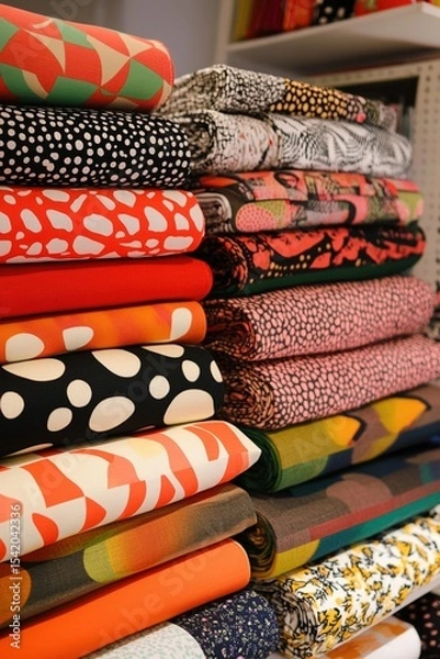 Obraz Stacked rolls of colorful pop art style fabric with bold patterns and graphic prints displayed in a vibrant textile store setting