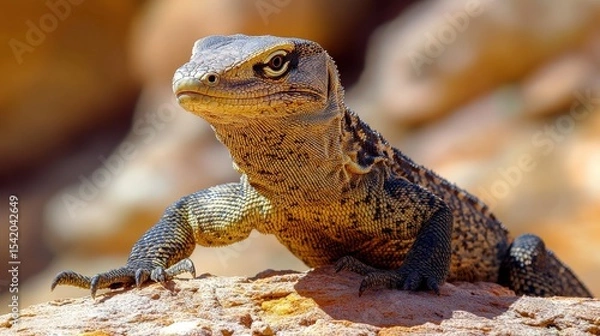 Fototapeta A lizard is perched on a rock with its head facing left