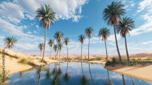 Fototapeta A serene desert oasis with palm trees and a reflective lake