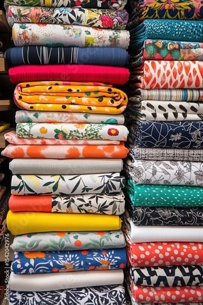 Obraz Stacked folded fabrics in vibrant pop art style with floral, geometric, and abstract prints arranged in a colorful textile shop display
