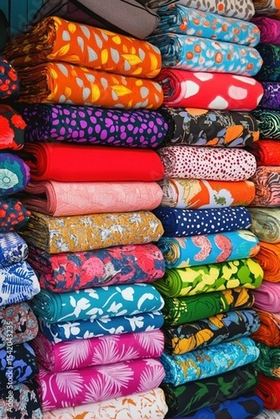 Obraz Brightly colored pop art style fabrics with bold patterns stacked in rolls at a textile shop, showcasing variety and visual impact