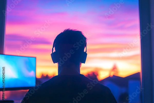 Fototapeta Silhouette of Person with Headphones at computer Against Sunset Sky window
