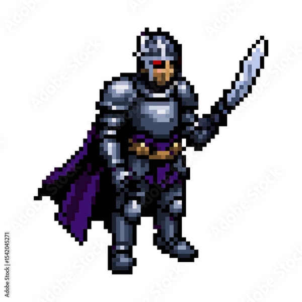 Fototapeta Pixel Art Armored Knight with Sword, Fantasy Game Character, Detailed pixel art illustration of a formidable knight clad in full lamellar armor.