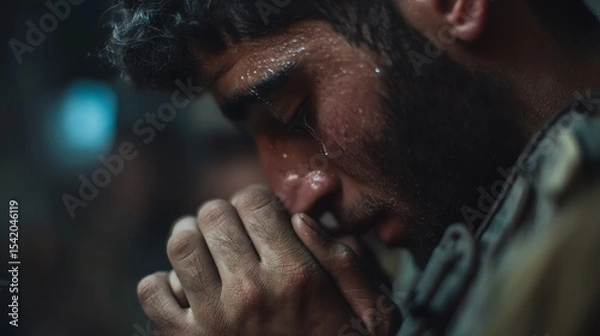 Fototapeta Tearful Soldier in Helmet: A Poignant Anti - War Portrait