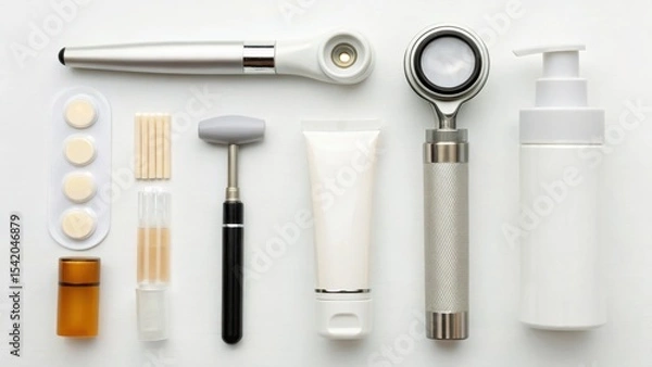 Fototapeta A neatly arranged set of skincare and dermatology tools and products on a white background.
