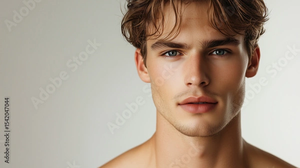 Fototapeta Portrait of a young male caucasian model, age 25, attractive man, publicity poster for skin care. Copy space available. gray background.