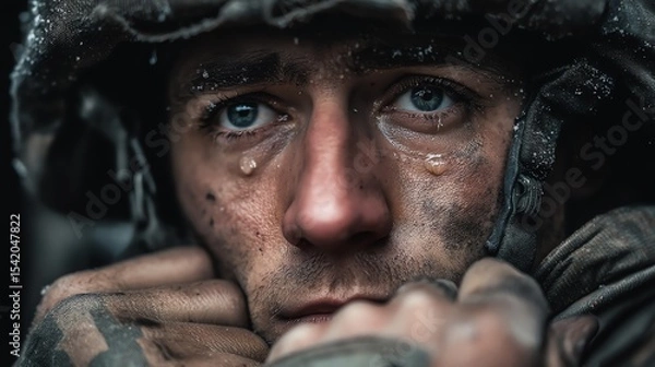 Fototapeta Tearful Soldier in Helmet: A Poignant Anti - War Portrait
