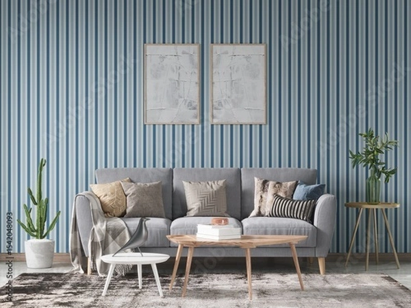 Fototapeta Mock up of a new living room with a dark comfortable sofa and a trendy decorative background, 3D rendering.