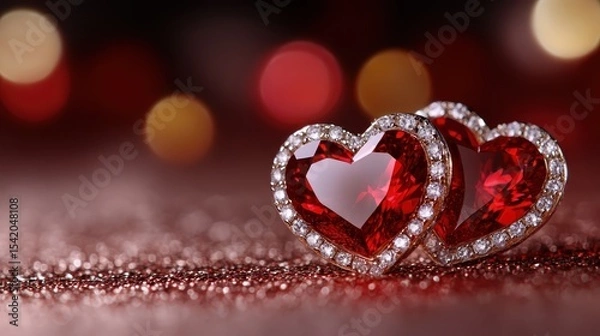 Fototapeta This captivating image features two shimmering red heart-shaped gemstones adorned with sparkling diamonds, set against a beautifully blurred festive background, evoking love and luxury.