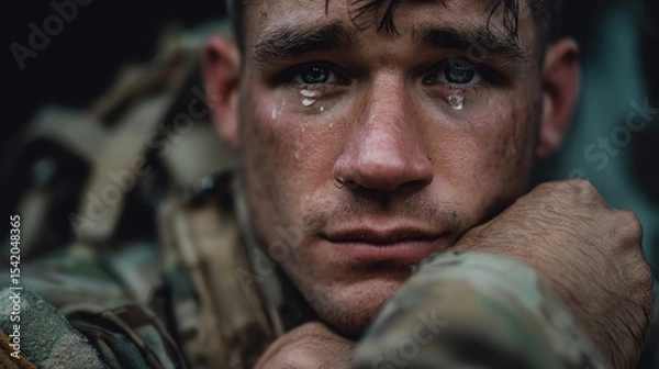 Fototapeta Tearful Soldier in Helmet: A Poignant Anti - War Portrait