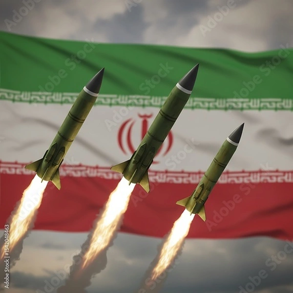 Fototapeta Iranian missile launch with flag backdrop: showcasing military power and geopolitical tension in middle east