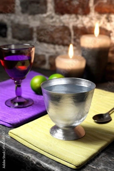 Obraz A stylish arrangement featuring drinks in metal and glass cups, candles, and vibrant colors on a rustic table.