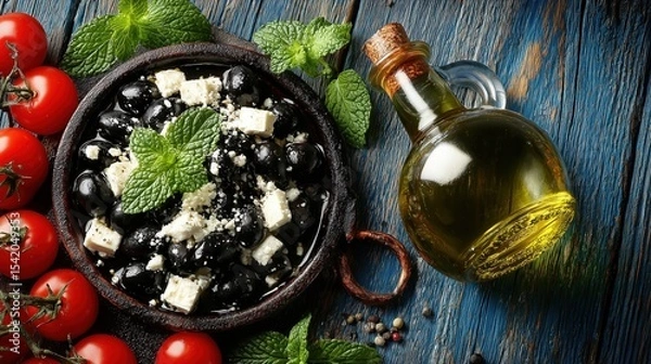 Obraz A vibrant summer salad with olives, feta, and cherry tomatoes on rustic wood.