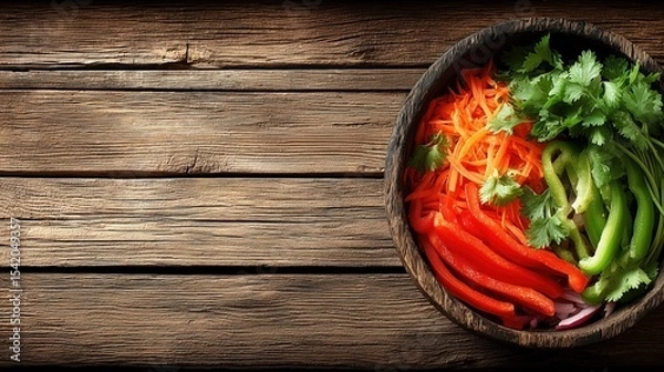 Obraz A vibrant top view of a fresh summer salad with colorful vegetables on a wooden table.