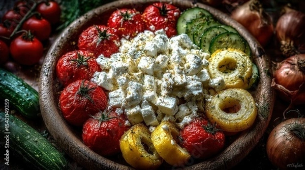Obraz A vibrant summer salad featuring fresh vegetables and cheese.