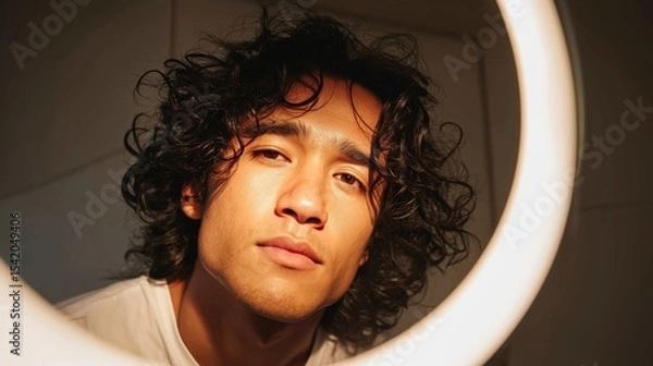Obraz A transgender person gazes confidently into a mirror, embracing their identity.
