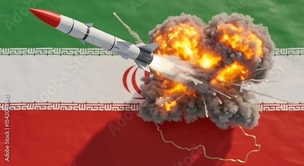 Fototapeta Iran missile launch test with explosion and flag background for news and military concepts design