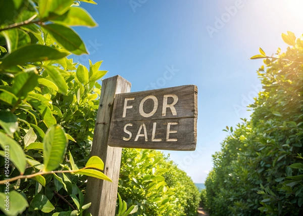 Obraz Property for sale, a serene property nestled amidst verdant foliage. The inviting sign offers a glimpse of the home for sale in an idyllic location, where the gentle sunlight kisses the horizon.