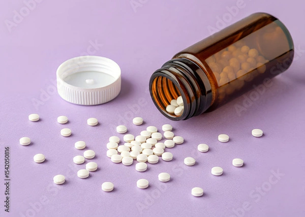 Obraz Spilled Pills: a scattering of round, white pills have spilled from an amber glass bottle with white cap onto a delicate lilac surface.