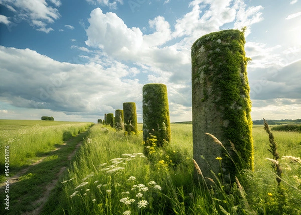 Obraz Ancient Pillars: A line of weathered stone pillars, weathered by time, stand proudly in a vast field, accompanied by a bright sky, evoking a sense of history, tranquility.