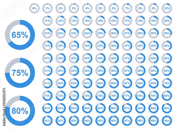 Fototapeta Circular progress icons from 0 to 100 percent. Clean and minimal design perfect for dashboards, UI,UX, infographics, data visuals, and presentations.