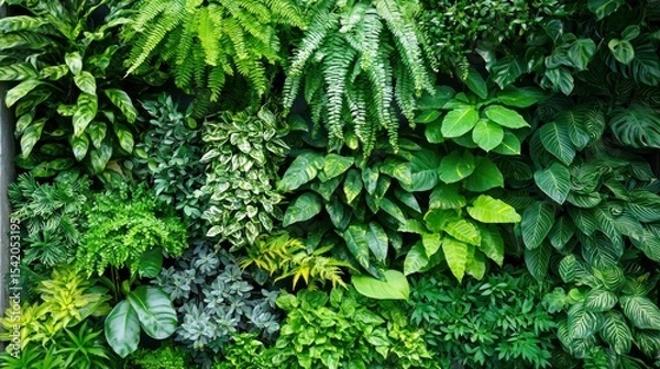 Fototapeta A vibrant green wall adorned with various tropical plants and ferns, creating a lush and natural environment.