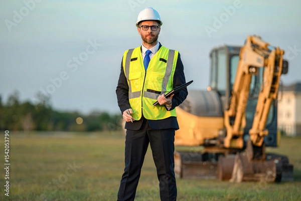 Obraz Supervisor engineer at the object. Construction site. Man architect. Engineer manager man conduct inspection. Engineering inspection supervisor. Inspection by building supervisor. Project details