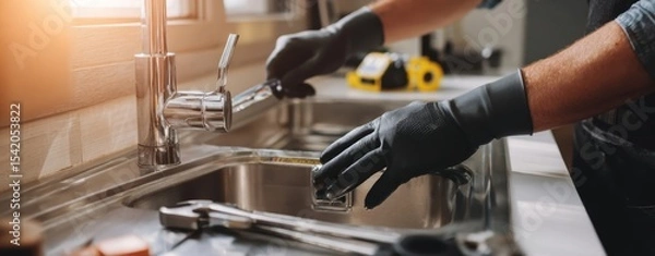 Fototapeta The plumber adjusting a modern kitchen faucet with professional tools and care